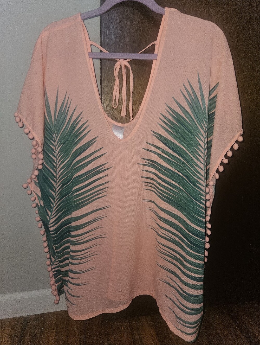 Xhilaration Coral Pink Palm-Print Swim Coverup with Pom Trim Size Small